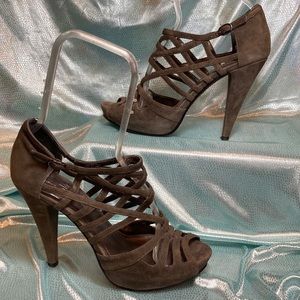 Size 7 Paolo Línea open toe high heel stappy crisscross T. Gray Suede Fc 2